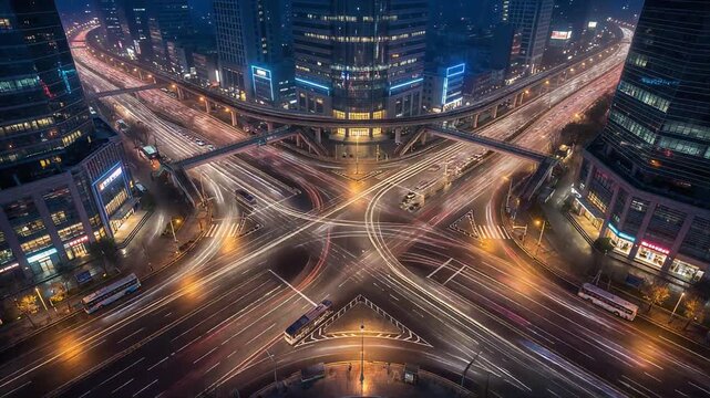 Busy urban intersection with vibrant light trails at night