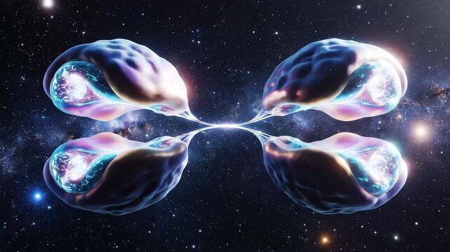 Mirrored cosmic energy portals, Abstract planetary form splitting like a cell, glowing membranes, smooth evolutionary symbol