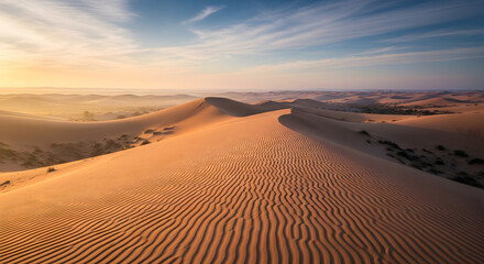 Golden sand dunes with ripples at sunrise in vast desert landscape