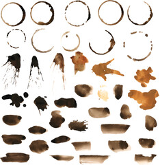 Coffee stain rings and brown watercolor splashes on white vector