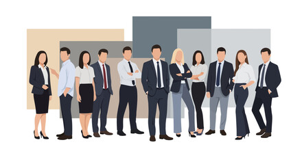 Diverse team of professional business people standing together with neutral background creating a