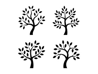 Obraz premium Set of four minimalist black tree silhouettes, featuring slender trunks and simple organic leafy branch arrangements