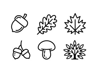 Set of six minimalist black line art icons, featuring autumn nature elements including acorns and leaves © MdSayed