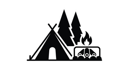 Camping scene with tent campfire and vehicles a dark silhouette © RABEYA