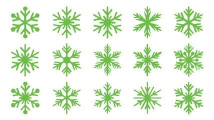 Collection of diverse green snowflake vector designs for winter, Christmas, and festive holiday decor