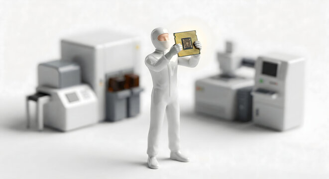 完成した最先端半導体チップを高く掲げる誇り高きエンジニア