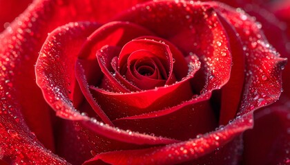 "Close‑up of red rose with water droplets on velvety petals, intricate layers unfolding to symbolize love and beauty"