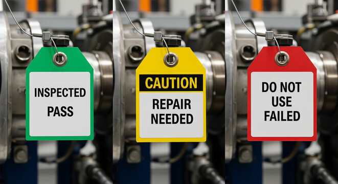 Three color-coded inspection tags showing pass caution and fail status