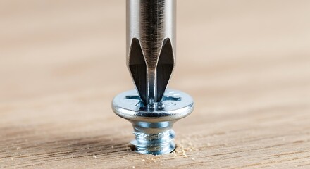 Close-up of screwdriver driving metal screw into wooden surface precisely