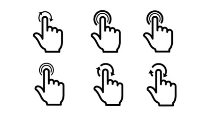 Obraz premium Six black and white hand icons pointing to cursors on a white background