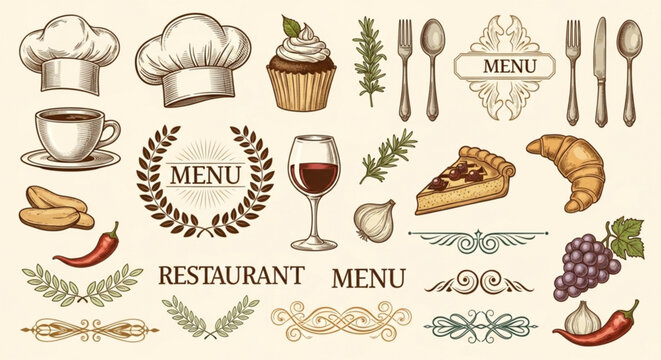 A vector graphic illustration of a restaurant menu design featuring various food and drink icons