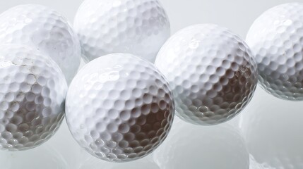 Neatly arranged golf balls on white surface, clean reflections and product-style presentation.