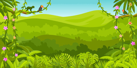 Lush jungle scene with a monkey birds and vibrant green foliage © Suvro