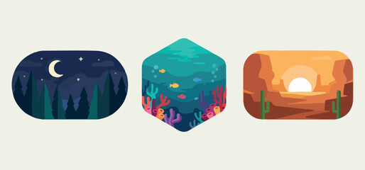 Sunset Flower Garden Scenic Illustration Set, Colorful Wildflower Meadow Vector Art, Nature Landscape Retro Wall Print Design, Poppy Bloom Field Clipart Collection, Warm Evening Sky Poster Graphics, B © Geetaroy