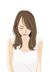 下を向く長い髪の若い女性イラスト