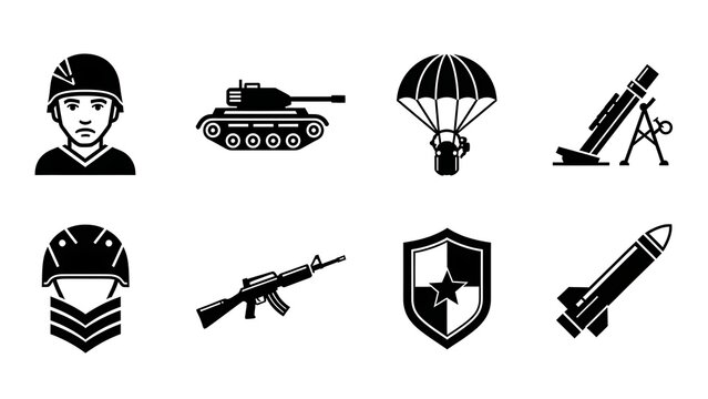 Military icons and symbols for defense and warfare