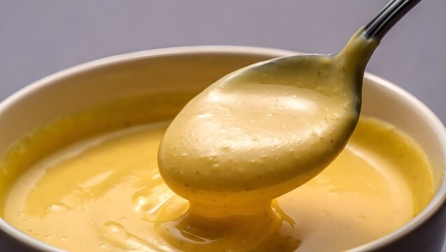 Rich Spoon Scooping Thick Yellow Sauce Creamy Texture Closeup