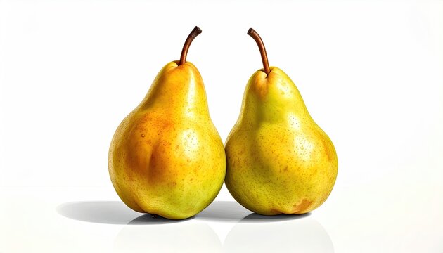 and keyword list

 Two ripe pears stand side-by-side, casting shadows on white background.