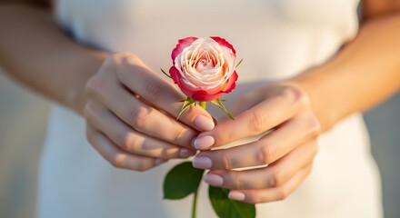 Delicate pink rose held in woman's hands, a symbol of gentle affection