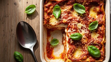 Delicious freshly baked lasagna with tomato sauce and basil leaves