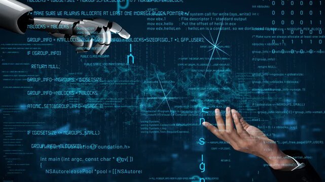 A robotic hand reaches towards a human hand amidst streams of digital data, showcasing the profound relationship between technology and human innovation in today fast-paced world. Xenic