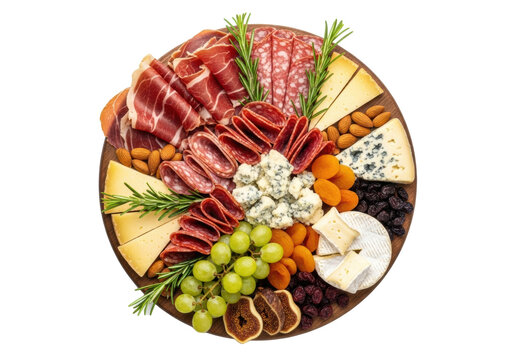 Gourmet charcuterie board with Jamon Serrano, salami, Manchego, Roquefort, Brie, grapes, almonds, dried fruits, rosemary on rustic wood platter against white background with copy space, elegant
