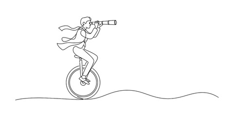 Businessman riding a unicycle while looking through a telescope for future opportunities. Vector, illustration © Badhon_Designer