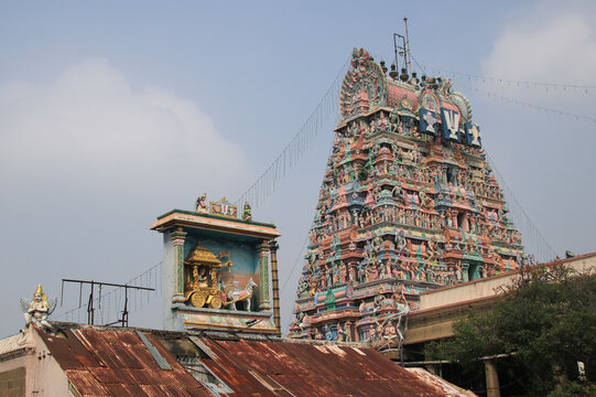 Horse chariot and carved tower of the Arulmigu Sri Parthasarathyswamy Temple, photographed on the 29 January 2026 in Chennai, India.