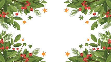 Fototapeta premium Elegant Christmas frame made of green leaves pine branches and red berries with orange stars for festive holiday designs.