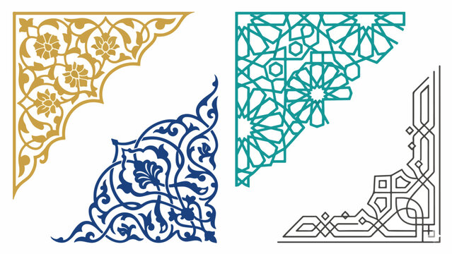 Islamic Corner Frame Border Ornament Icon Set, Gold Teal Blue Arabesque Decoration Collection Illustration