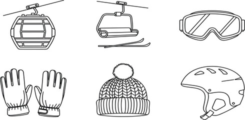 Winter Sports Icon Set Featuring Cable Car Gondola Ski Lift Goggles Winter Gloves Knitted Beanie Hat And Safety Helmet For SkiingWinter Sports Icon Set Featuring Cable  © RABBI