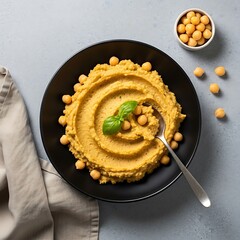 Elegant plate of homemade hummus decorated with fresh chickpeas and basil