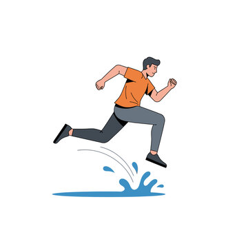 Dynamic vector illustration of a man running and jumping through a water puddle, symbolizing speed and determination.