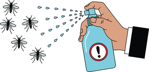 Hand spraying insect repellent against flying mosquitoes illustration showing pest control action, hygiene protection, insect prevention, and public health safety concept © Asia
