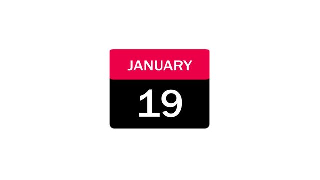 A professional minimalist calendar icon showing the date January 19th. Features a red top section and black bottom section, ideal for digital planners, appointment scheduling, and UI design.