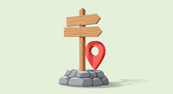 Wooden signpost with directional arrows and a red location marker