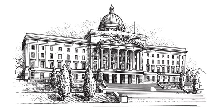 Parliament Buildings at Stormont in Belfast. Hand-drawn engraving style.