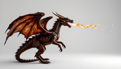 Fototapeta premium A dragon figurine with flames in its mouth. It appears to be made of a metal that resembles brass or bronze, with a detailed texture that suggests intricate craftsmanship