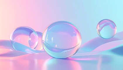 Transparent glass spheres floating above a reflective surface with pastel colors and soft shadows, viewed from a slightly elevated angle