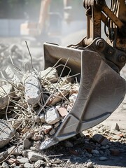 Excavator scoop holding debris at a construction site during demolition