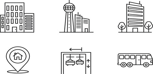 City infrastructure icon set, featuring modern office buildings, observation tower, luxury skyscraper, house location pin, elevator lift  © RABBI
