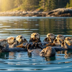 Sea otters floating on their backs holding hands to stay connect