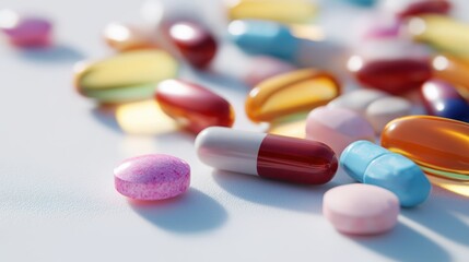 Assorted colorful pills scattered on a white background  