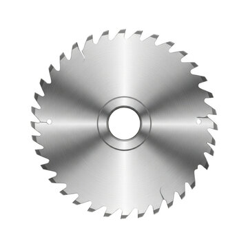 A silver circular saw blade with a central hole and sharp teeth on its edge.