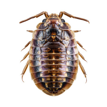 Detailed ventral view of a segmented, multi-legged brown arthropod against a black background