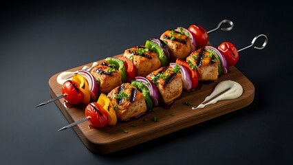 Grilled chicken skewers with colorful vegetables on a wooden serving board