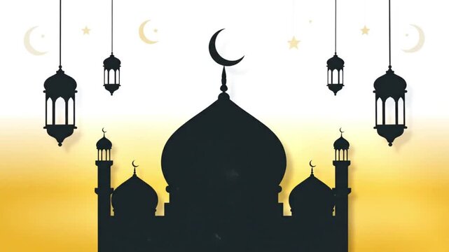 Ramadan mosque silhouette with hanging lanterns crescent moon and stars on white to gold gradient