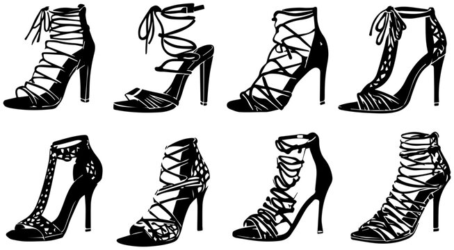 Vector illustrations of strappy high heeled sandals and stilettos in various designs and styles on white background