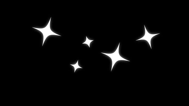 White cartoon twinkle stars, blinking sparkling stars animation, twinkle stars po-up animation on black screen background.