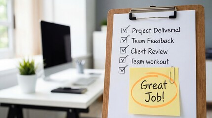Fototapeta premium Business Checklist Achievement with Great Job Note in Modern Office Setting.